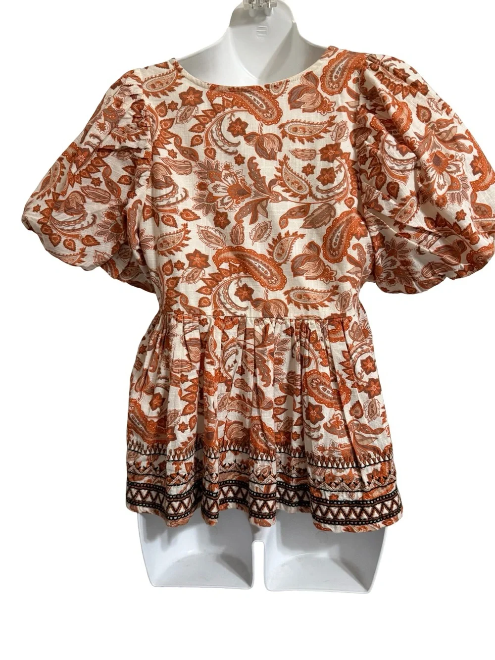 Anthropologie Rust and Cream Paisley Puff-Sleeve Peasant Blouse